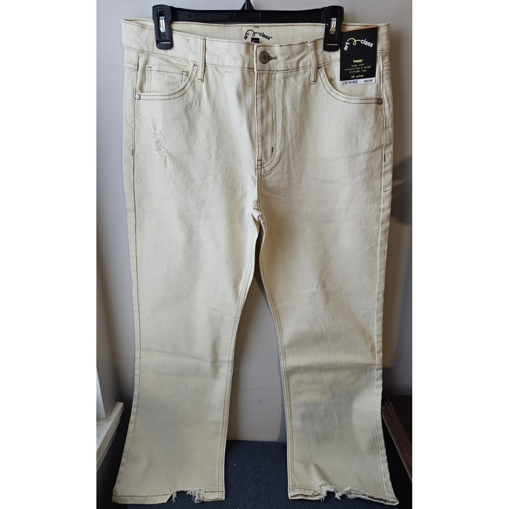 Art Class 16‎ Plus Baggy High Rise Straight Leg Jeans Quiet Cream Distressed Hem